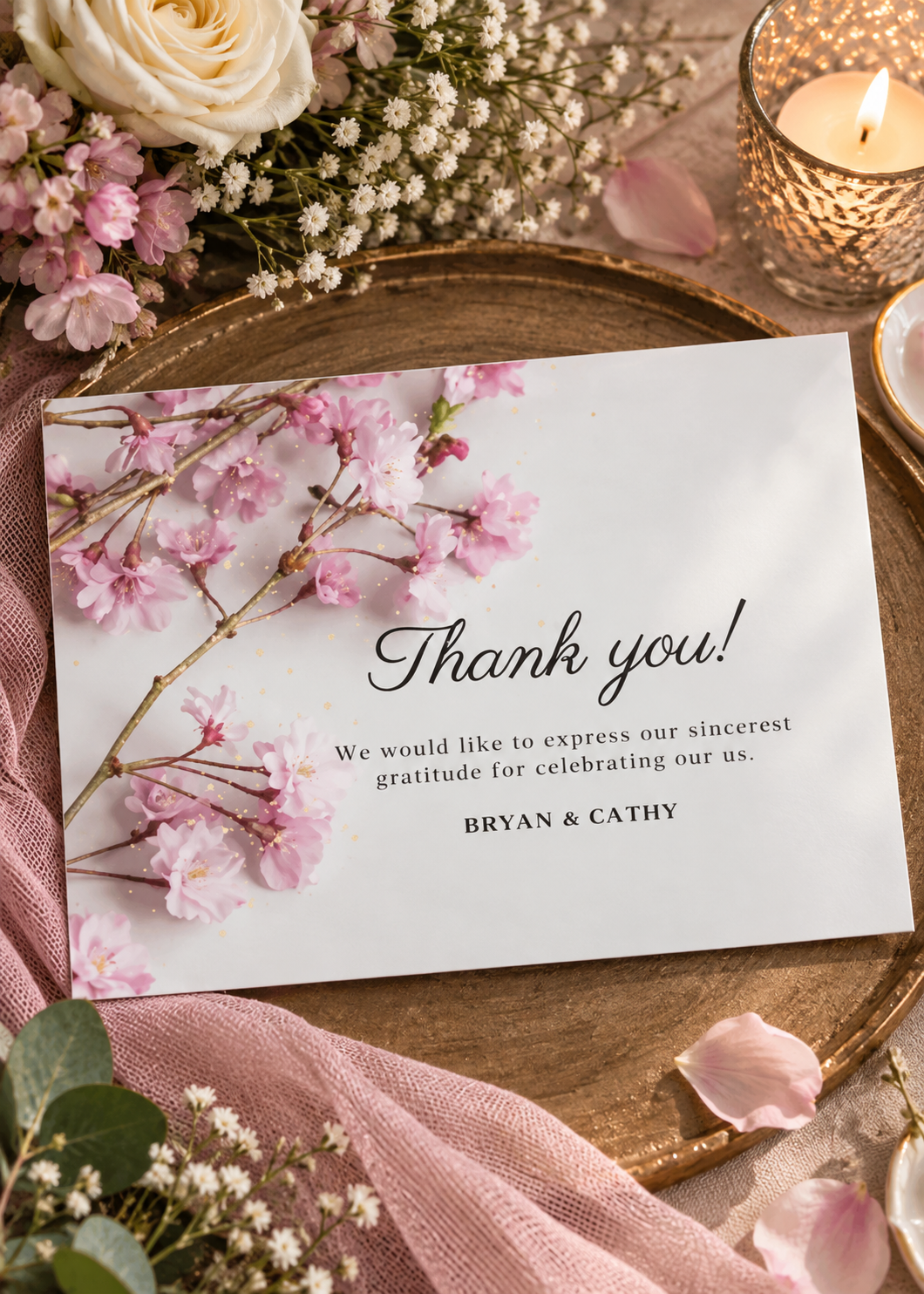 Cherry Blossom thank you card featuring soft cherry blossom florals and a clean with an airy layout.
