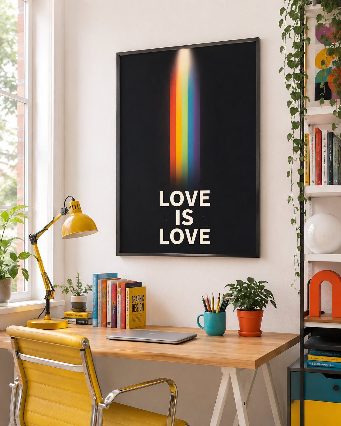 cinematic design features a vibrant rainbow beam cutting through a deep, dark background, finished with the simple message LOVE IS LOVE.