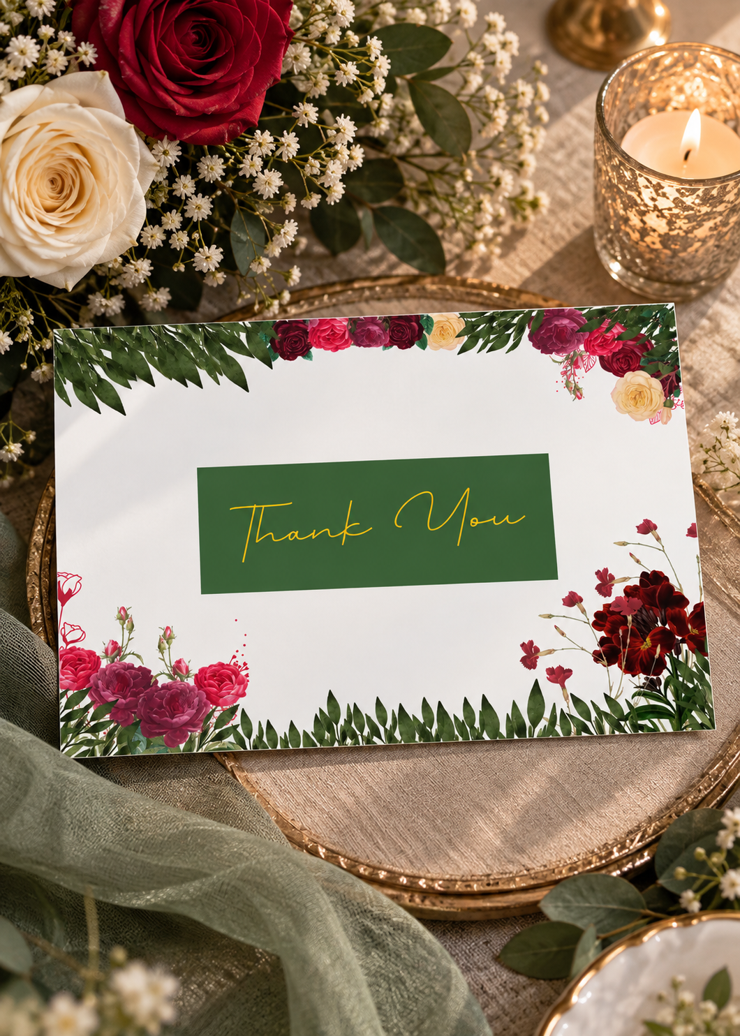 Featuring deep emerald tones and lush botanical details thank you card.