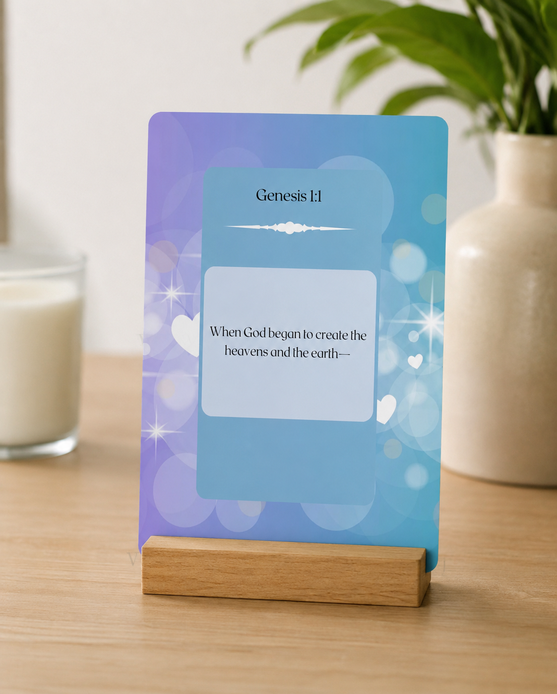This Genesis 1:1 Scripture wall art showcases a soft blue glow that reflects the beauty of God’s creation art.