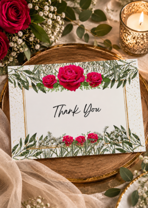The Golden Rose Frame Wedding & Event Thank You Card is designed for those who want their gratitude to feel luxurious, classic, and beautifully framed. Featuring a refined floral border with warm gold accents, this card creates a timeless look.