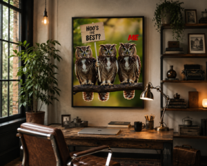 With this striking 18X24 Hoo's the Best Owl Poster. This close up photograph of three owl's highlighting them sitting along on a tree branch holding a sign with a humorous message saying Hoo's the Best?. 