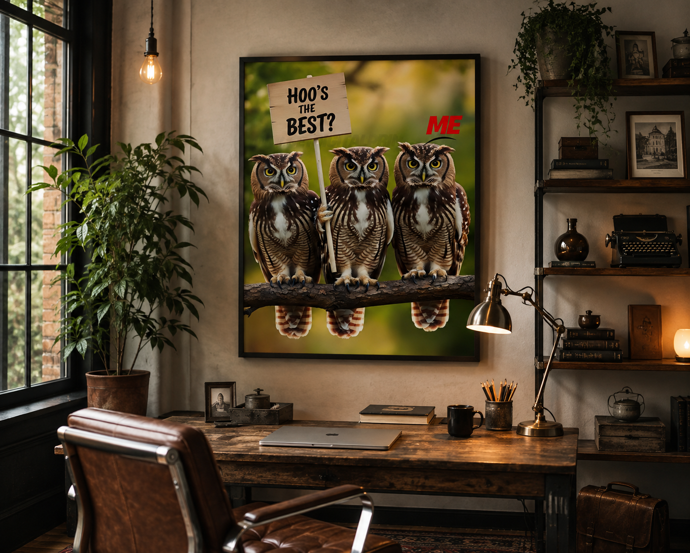 With this striking 18X24 Hoo's the Best Owl Poster. This close up photograph of three owl's highlighting them sitting along on a tree branch holding a sign with a humorous message saying Hoo's the Best?. 