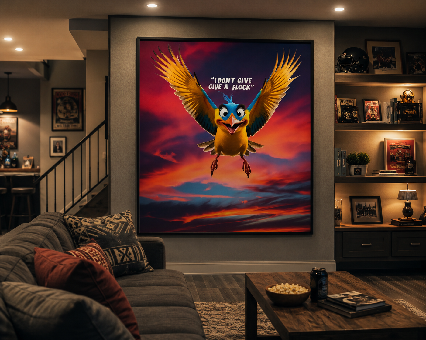 A 18x24 vibrant poster showcasing a flying bird delivering unapologetic humor with a message saying I Don't Give a Flock.