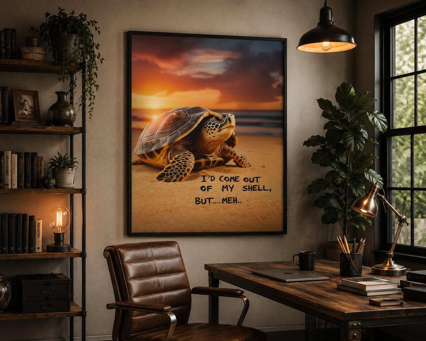 A serene turtle on the beach delivering witty, relaxed humor 18x24 poster with a I'd come out of my shell, but meh message.