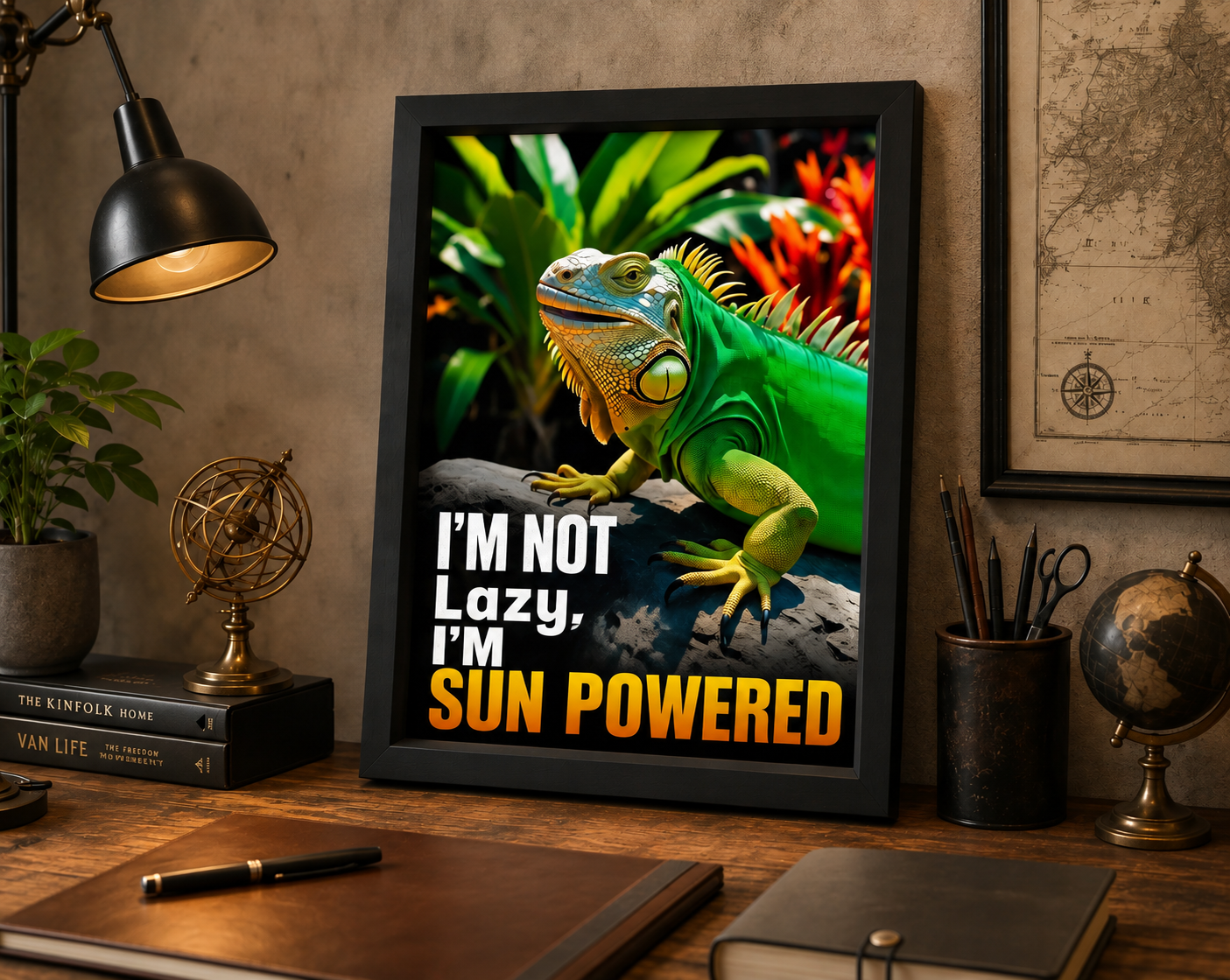 A colorful iguana reminding everyone that rest is power with a message that says I'm Not Lazy I'm Sun Powered poster.