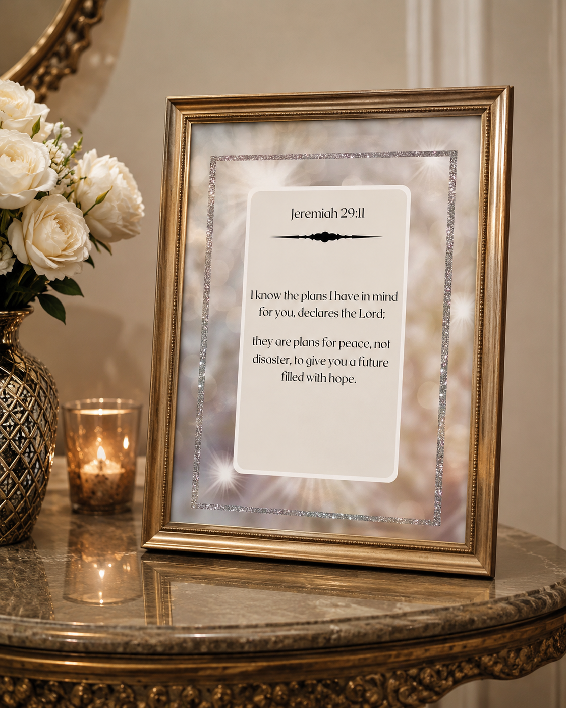 This Jeremiah 29:11 Christian wall art features a shimmering border with a clean, modern Scripture layout. Designed to uplift and inspire, this printable artwork reminds believers of God’s promise for hope, peace, and a future filled with purpose. Perfect for home decor, church offices, and prayer rooms.