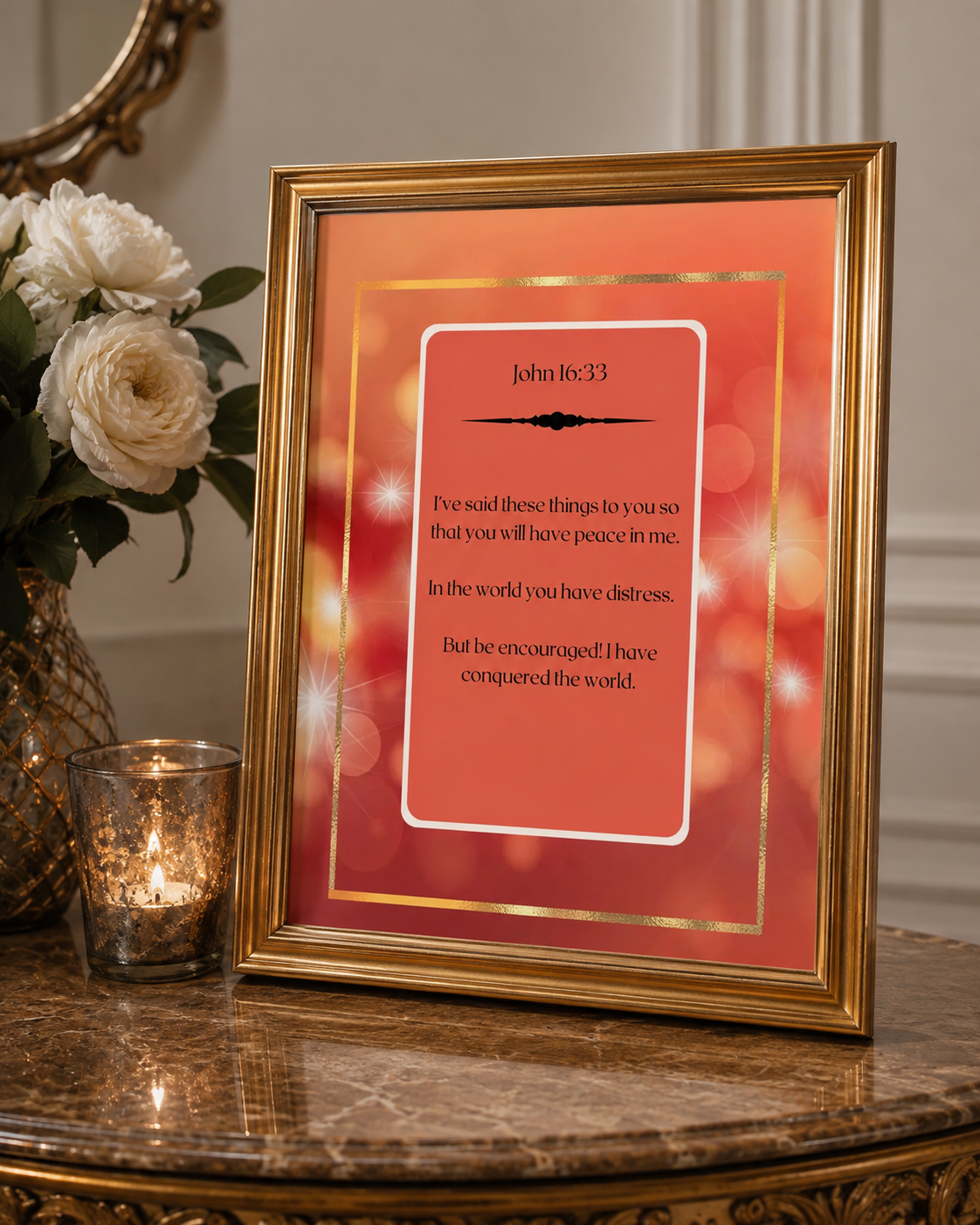 This inspirational Christian poster showcases John 16:33 in a warm red glow background, symbolizing strength, peace, and divine reassurance.