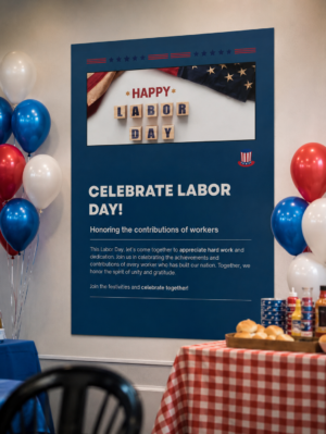 High quality Labor Day printable celebrating American workers. With a statement that says CELEBRATE LABOR DAY! Honoring the contributions of workers This Labor Day, let's come together to appreciate hard work and dedication. Join us in celebrating the achievements and contributions of every worker who has built our nation. Together, we honor the spirit of unity and gratitude. Join the festivities and celebrate together! on the poster.