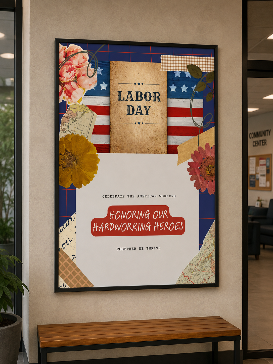 a red, white and blue flag celebrating American workers poster.