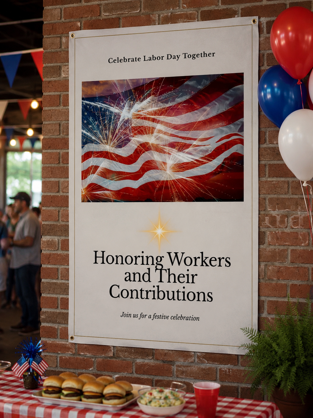 With our American flag Celebrate our American workers with this poster with a statement that says Honoring Workers and Their Contributions Join us for a festive celebration.