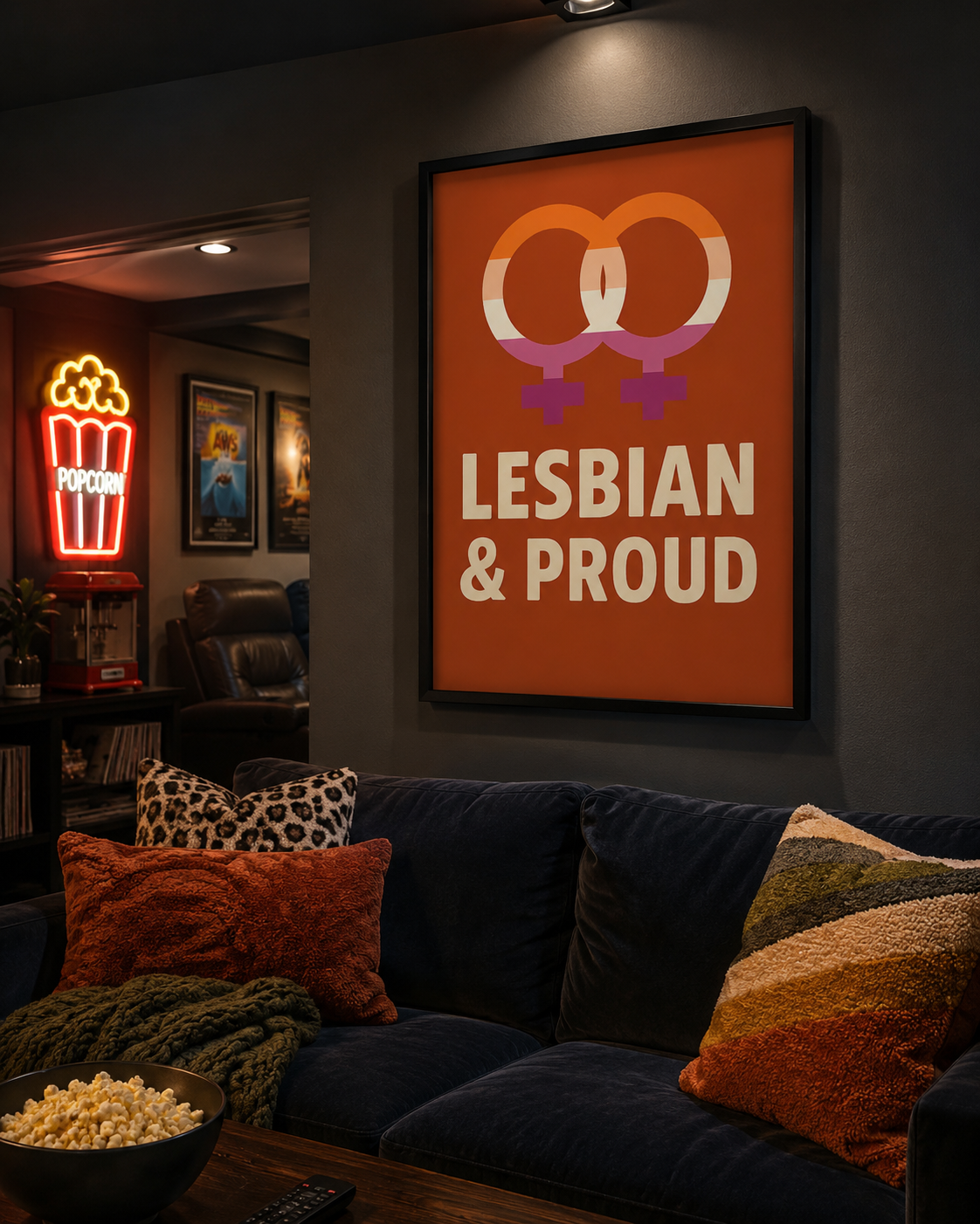Make a confident statement with this Lesbian & Proud printable poster in 18×24. Featuring bold typography and double Venus symbols filled with lesbian pride flag colors.