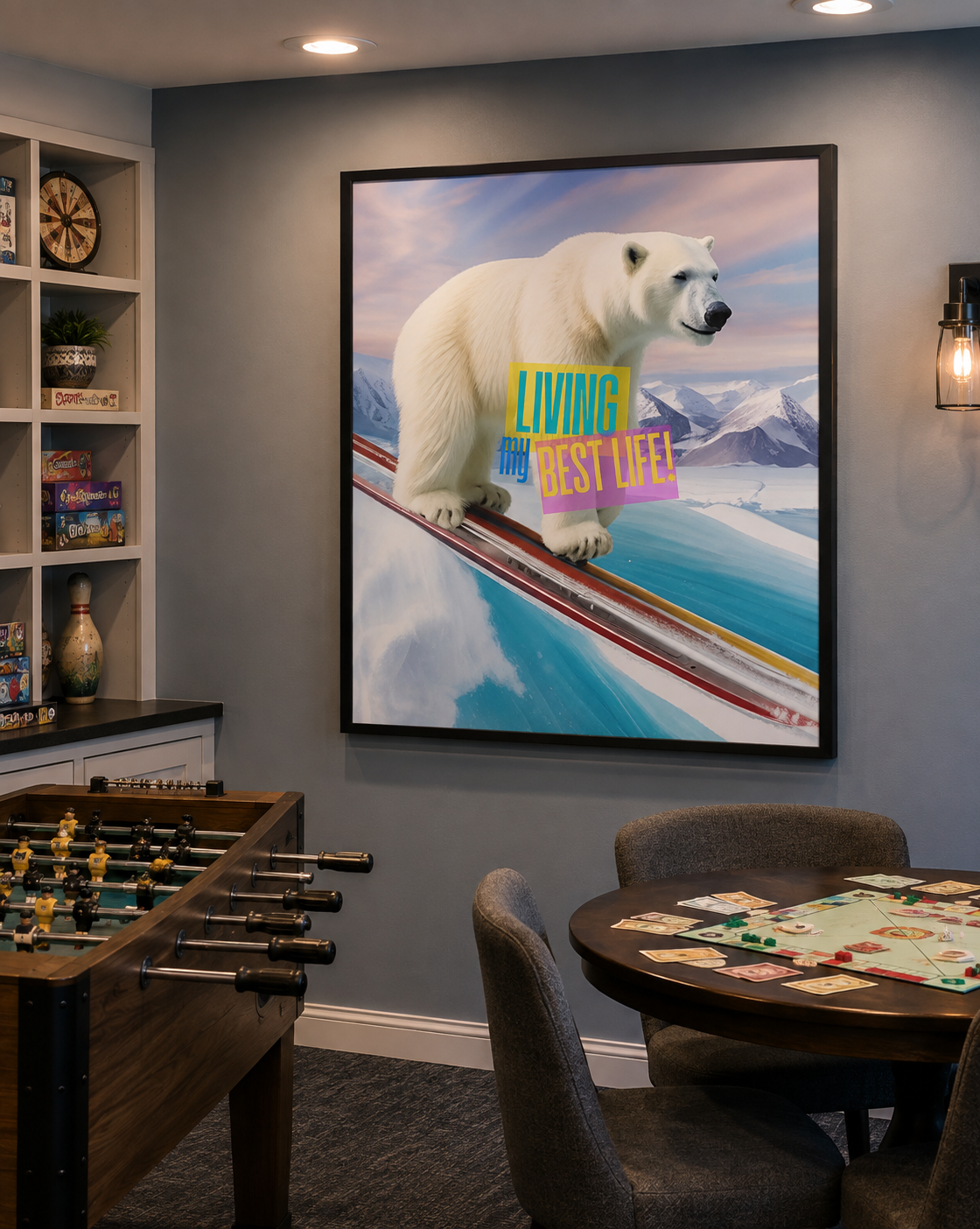A bold polar bear skiing across icy waters celebrating carefree confidence with a statement saying living my best life.