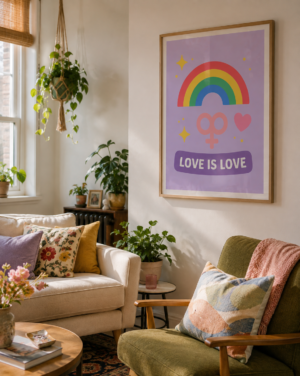 The Love Is Love Rainbow Poster 18×24 features a soft pastel look with a bold rainbow, sweet sparkle details, a heart accent, and a double Venus symbol finished with the uplifting phrase LOVE IS LOVE.