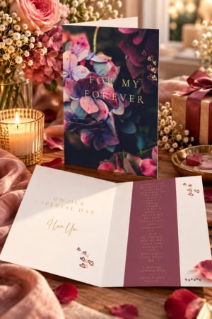 Featuring rich, moody floral imagery paired with elegant gold script typography, this timeless design captures deep emotion without being limited to weddings.