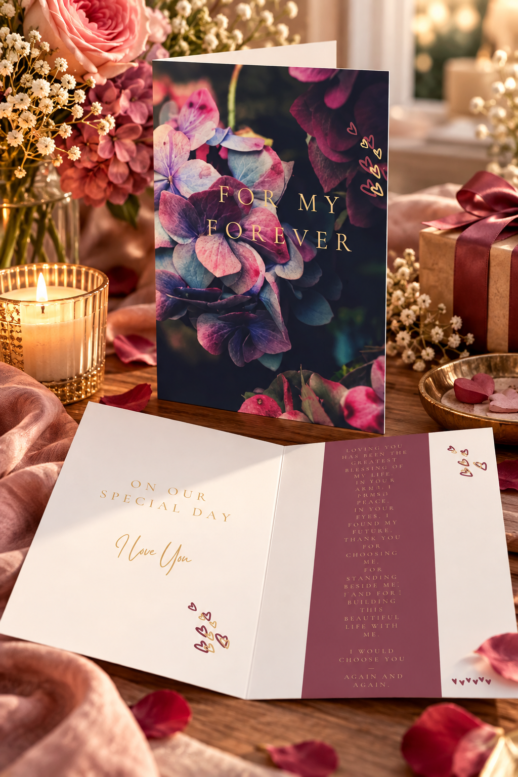 Featuring rich, moody floral imagery paired with elegant gold script typography, this timeless design captures deep emotion without being limited to weddings.