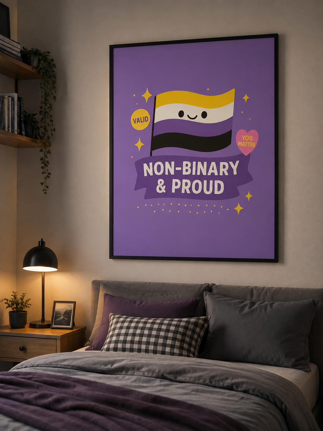 Featuring a cute empowering affirmation poster, with purple yellow black a tan colors in a non binary flag with a statement message non binary and proud.