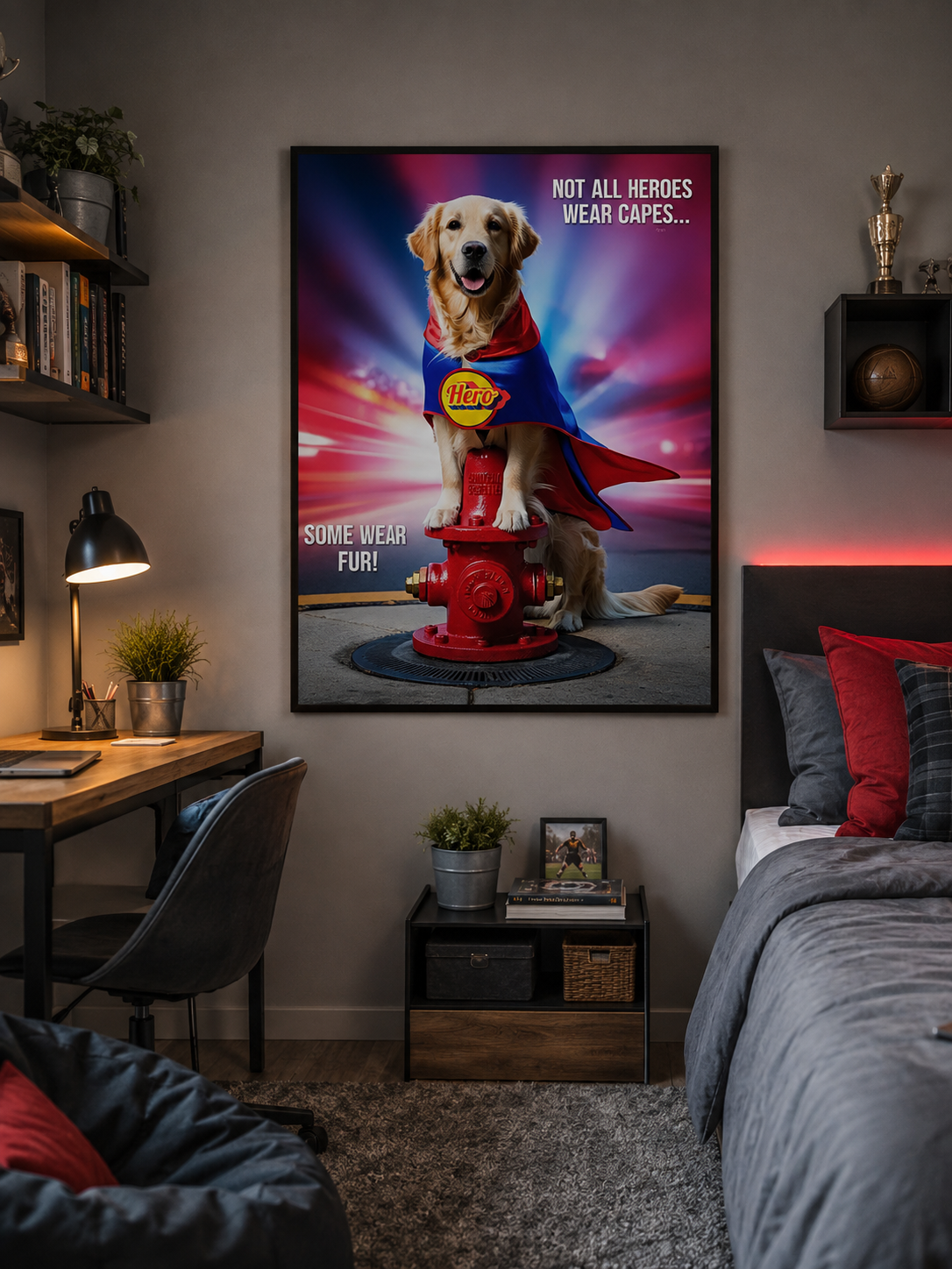 A fun superhero dog perched proudly with humor and heart poster.