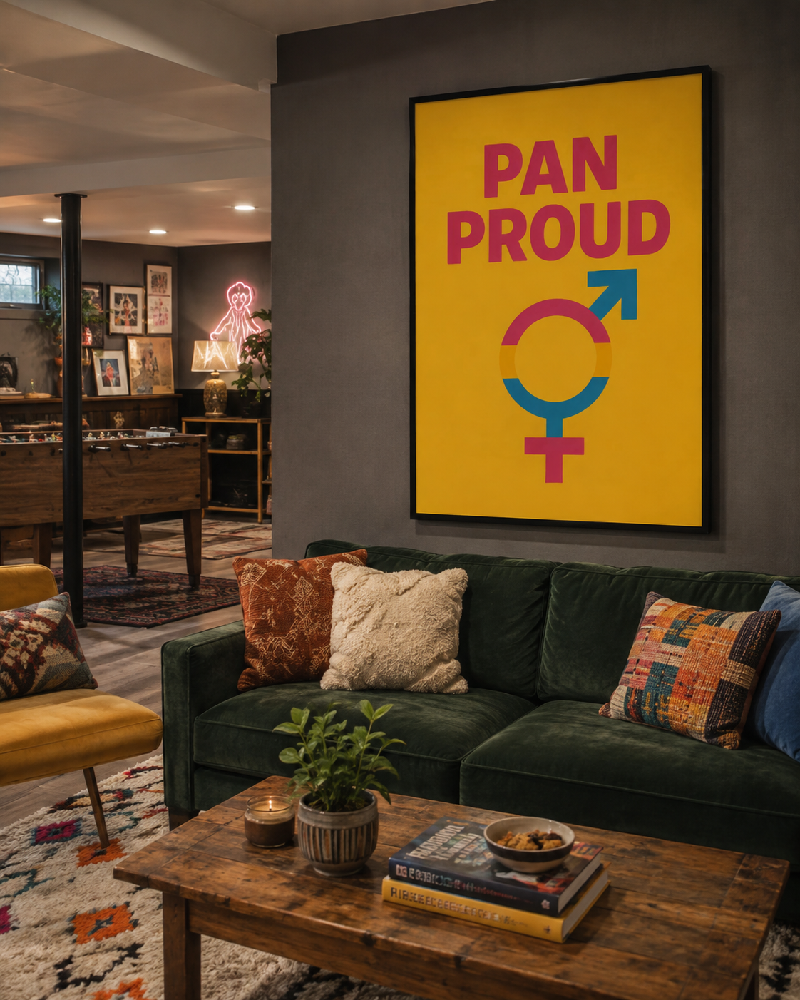 Celebrate pansexual pride with clean, modern design. The Pan & Proud Poster size being 18×24 features bold typography on a bright background, plus a gender inclusive symbol accented in pan flag colors poster.