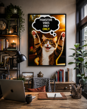 An uplifting cat poster full of charm and good vibes with a message that says Pawsitive vibes poster.