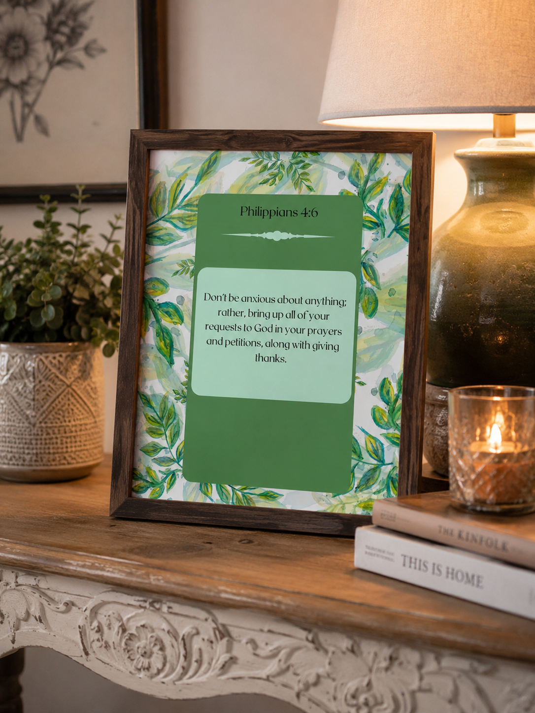 This printable Philippians 4, 6 Scripture poster blends watercolor greenery with uplifting biblical encouragement poster.