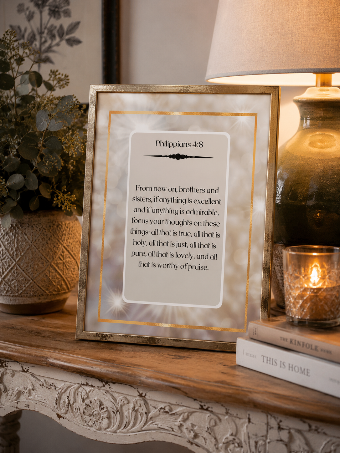 This elegant Christian poster features Philippians 4:8, designed in a soft gold sparkle background to encourage positive thinking, meditation, and spiritual focus.