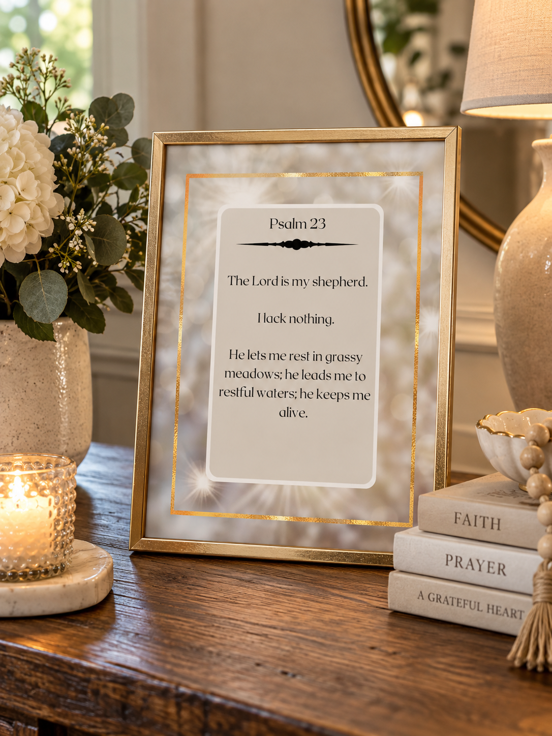 A calming Christian wall art print of Psalm 23 designed in a neutral gold palette for a peaceful and elegant aesthetic.