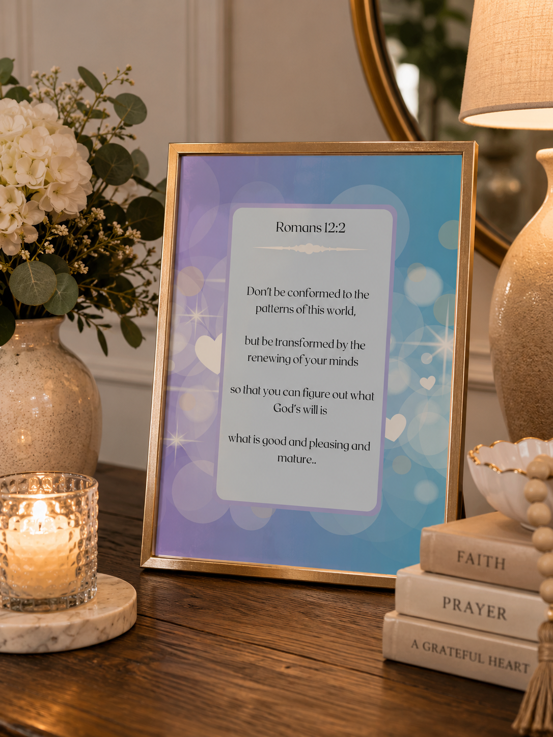 This beautifully designed Romans 12:2 Scripture poster uses soft blue and purple hues to symbolize spiritual renewal and transformation poster.