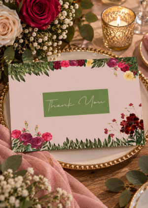 The Rosy Meadow Wedding and Event Thank You Card blends softness and elegance into a beautifully balanced floral design. Inspired by open meadows and romantic garden aesthetics.
