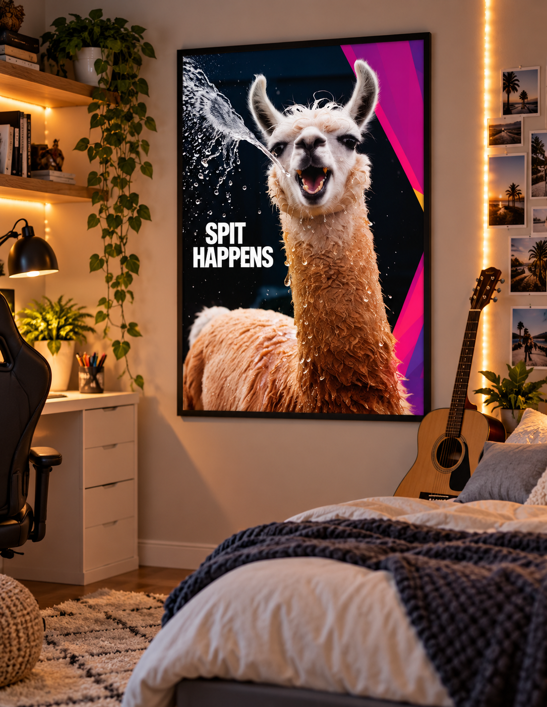 A playful llama poster that guarantees laughs making a statement that says Spit Happens.