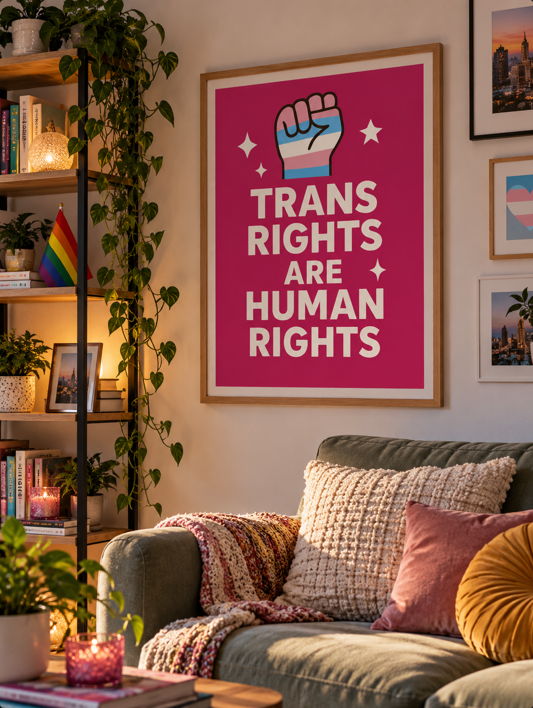 Make a clear, affirming statement with this Trans Rights Are Human Rights poster in 18×24. Designed to be bold, respectful, and empowering, this print is perfect for anyone who wants their space to reflect inclusivity, equality, and support for the trans community.