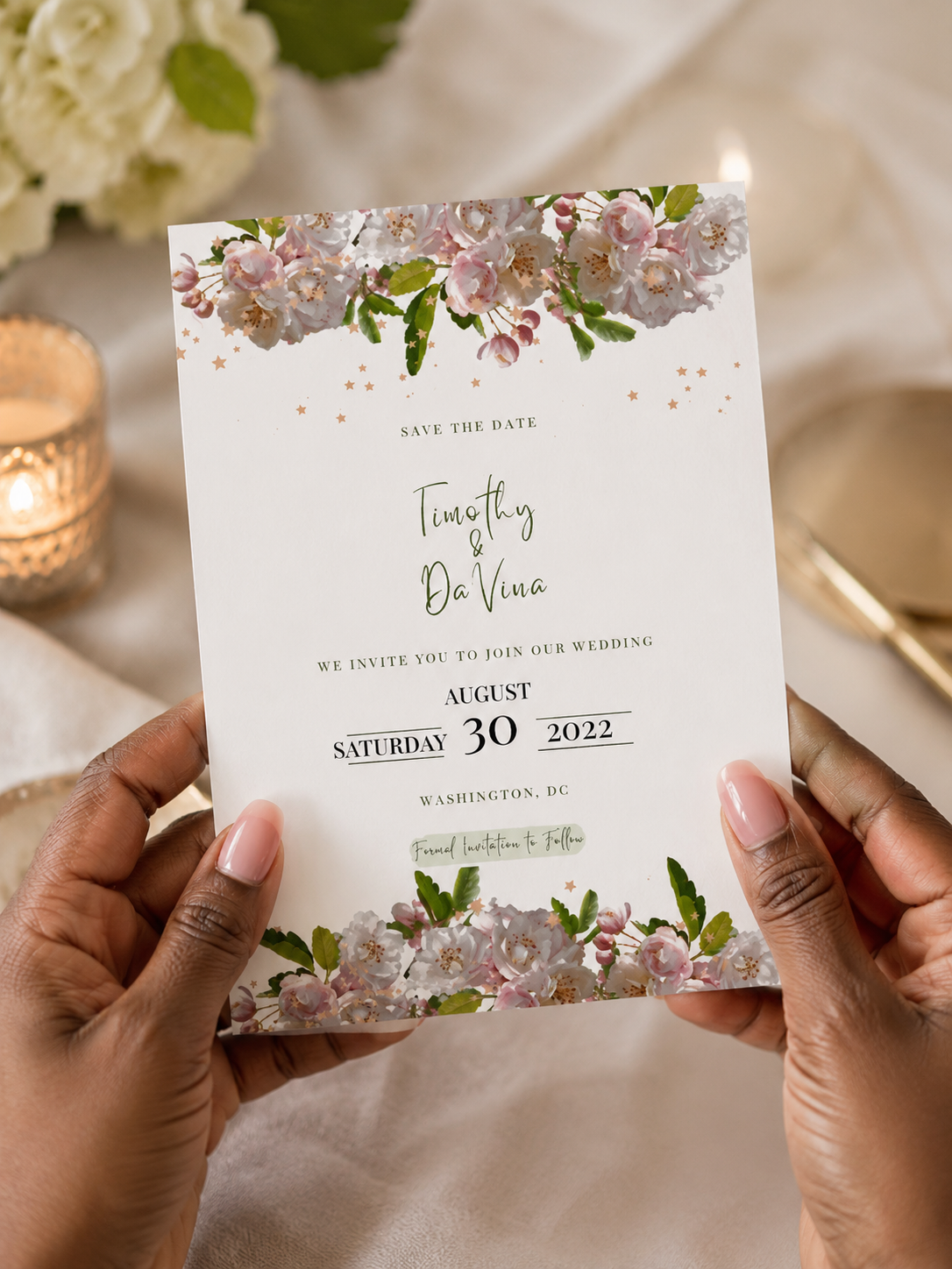 Cherry Blossom Wedding Save the Date Card inspired by cherry blossoms. Soft white and blush tones with delicate floral accents save the date invitation.