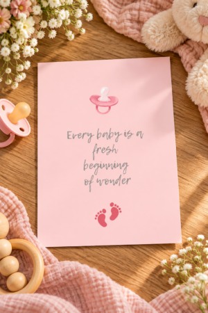 Celebrate an upcoming arrival with this Every Baby Is a Fresh Beginning Inspirational Baby Card . Designed with a cheerful aesthetic and clean layout, this digital invitation is perfect for welcoming guests to a joyful baby shower celebration.
