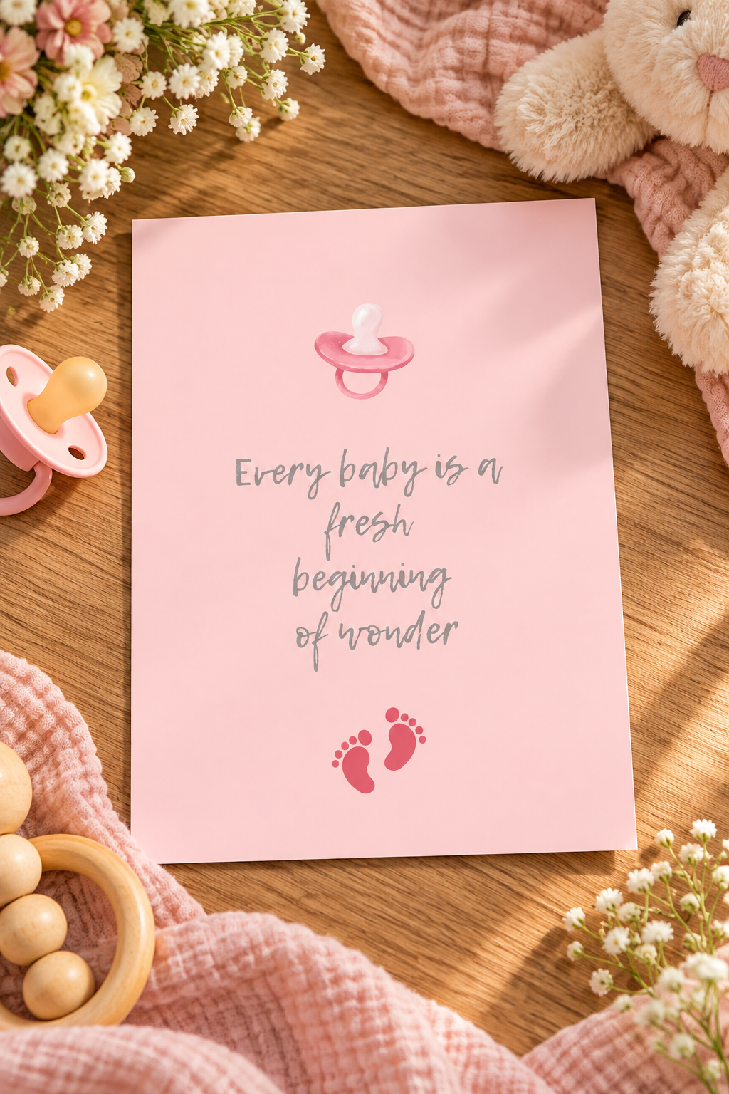Celebrate an upcoming arrival with this Every Baby Is a Fresh Beginning Inspirational Baby Card . Designed with a cheerful aesthetic and clean layout, this digital invitation is perfect for welcoming guests to a joyful baby shower celebration.