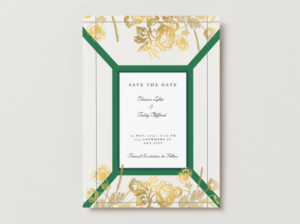 Green & Gold Floral Save The Date Card – Classic Geometric Frame Wedding Announcement, Lux Vintage Printable Save The Date Template