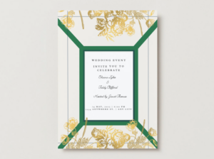 Green & Gold Floral Wedding Invitation – Classic Geometric Frame Wedding Announcement, Lux Vintage Printable Save the Date Template