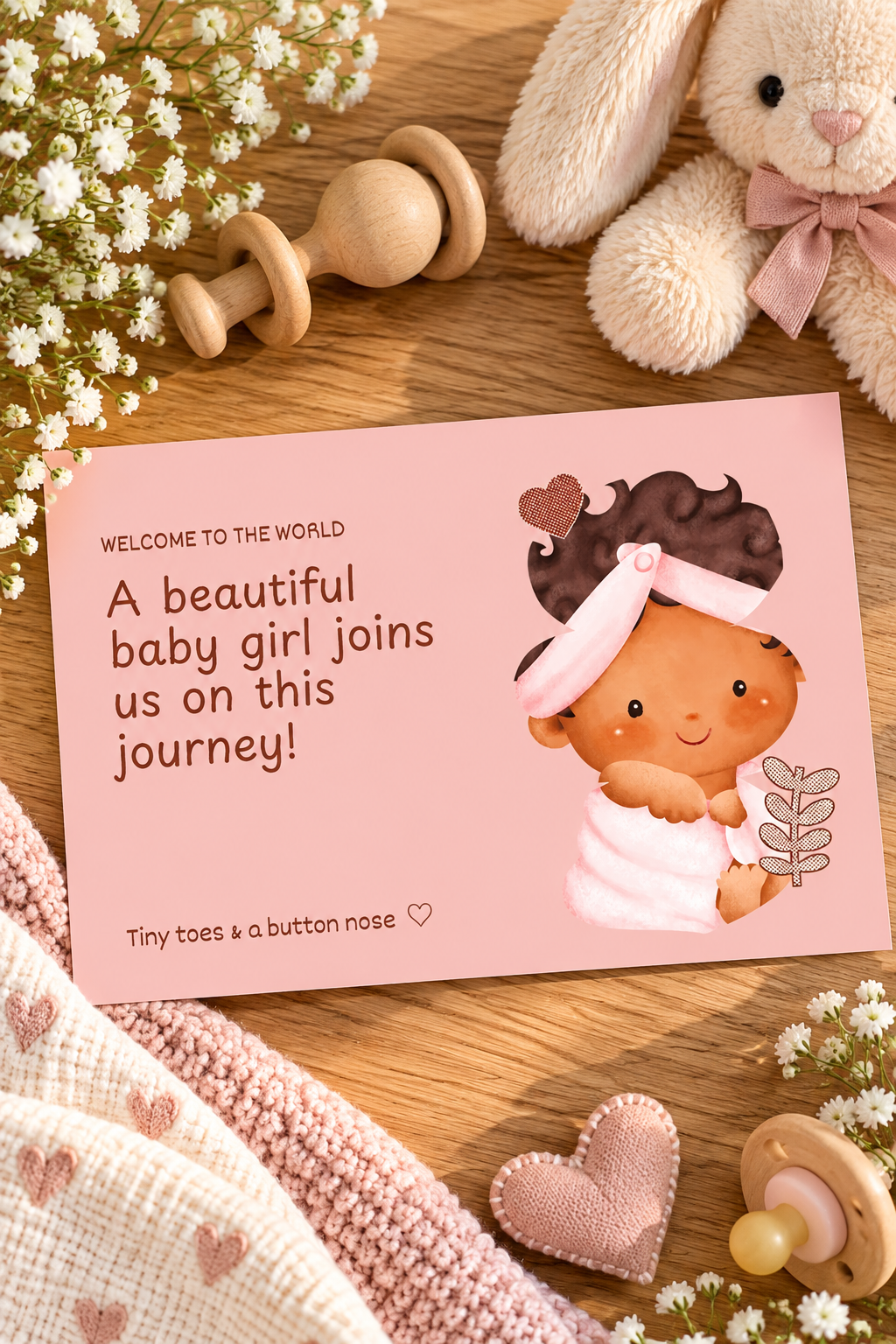 Soft blush tones and delicate design details make this card perfect for baby announcements, congratulations, or thoughtful keepsakes.