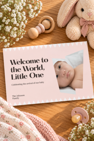 A cute pink greeting card with white triangle banner borders featuring a photo cutout of a newborn baby, next to bold text that reads Welcome to the World, Little One.