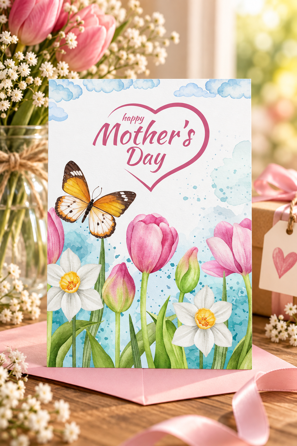 A watercolor Mother’s Day card with tulips, airy sky tones, and a beautiful butterfly fresh, bright, and spring ready.