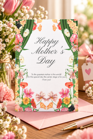 Give Mom the spotlight with this “center stage” Mother’s Day card featuring floral theater curtains and a celebratory look.