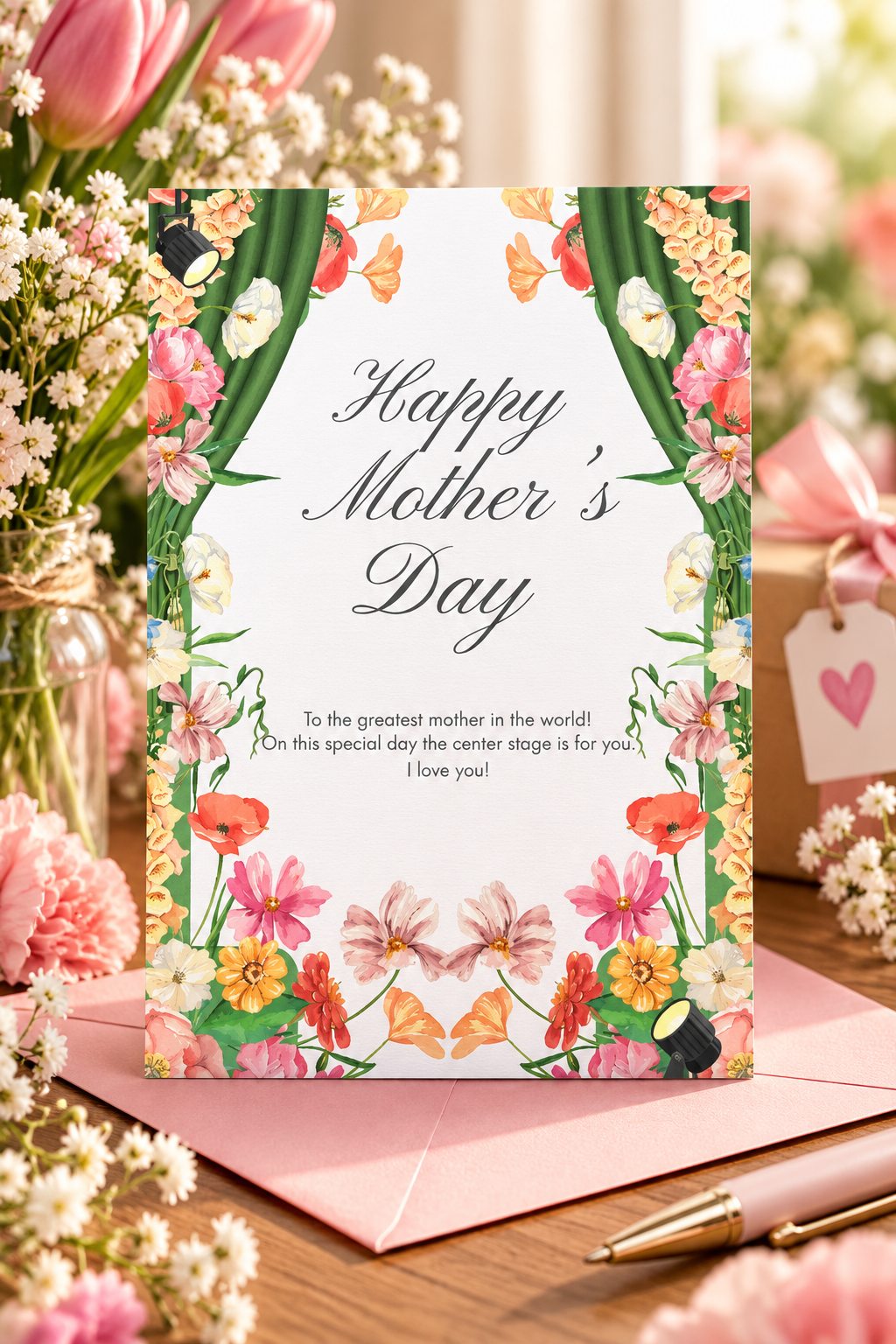 Give Mom the spotlight with this “center stage” Mother’s Day card featuring floral theater curtains and a celebratory look.