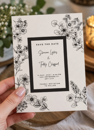 Classic Black Frame Save the Date Invitation. A clean monochrome design with a bold black border and minimalist typography save the date invitation.