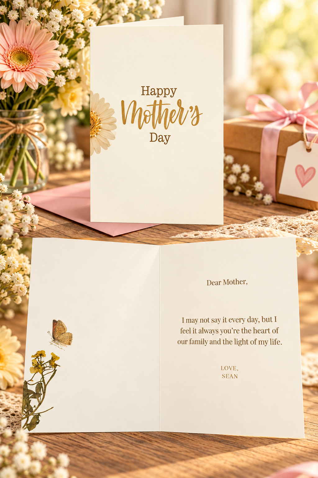 A minimal Mother’s Day card designed like a personal note clean typography, soft neutrals, and a quiet, thoughtful feel.