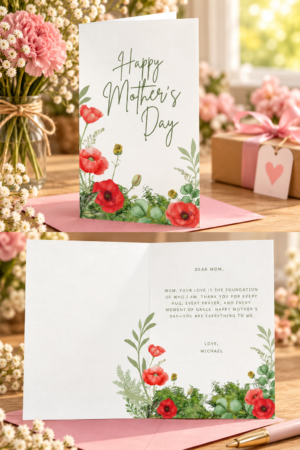 A watercolor Mothers Day card featuring poppies and delicate greenery, watercolor florals, soft neutrals, modern romantic, with a gentle, poetic mood.