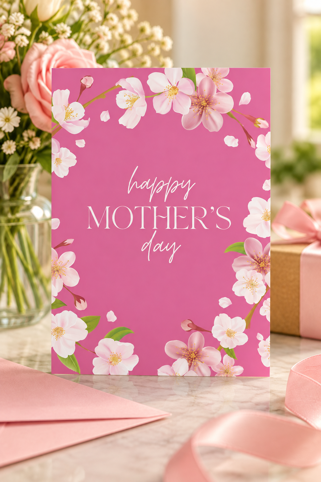 Celebrate Mom with a bold, floral Mother’s Day card featuring delicate cherry blossoms on a vibrant pink background.
