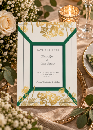 Green & Gold Floral Announcement card, featuring a classic geometric frame and lush vintage inspired florals.