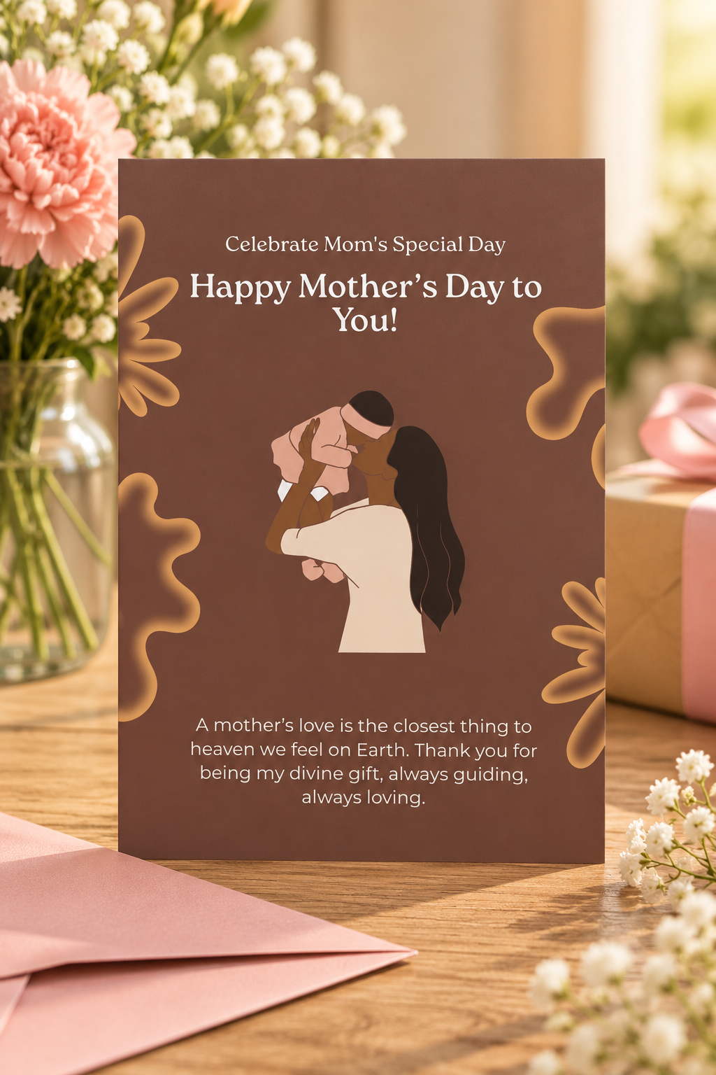 Featuring a warm, artistic illustration of a mother holding her child, this design captures the quiet, sacred bond that makes a mother’s love feel like heaven on Earth.