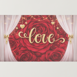 Love Rose Valentine Backdrop Printable – Romantic Gold Script Floral Party Banner