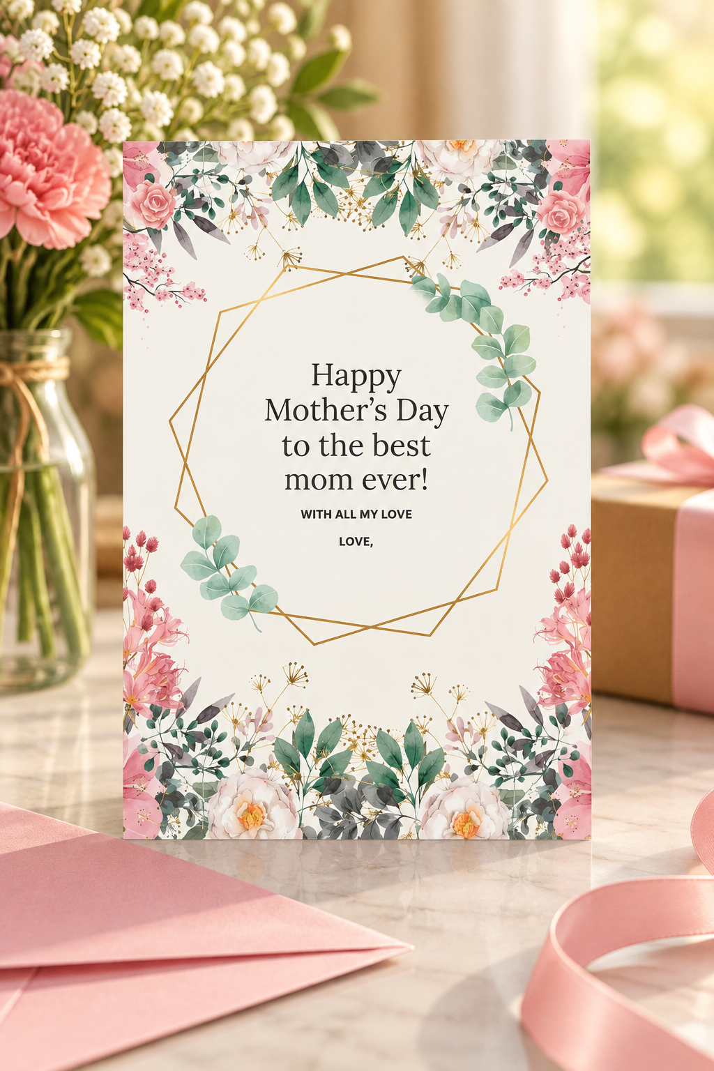A modern Mother’s Day card featuring a geometric frame and eucalyptus greenery simple, stylish, and elevated.