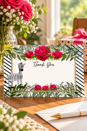 This charming collection of 7x5-inch horizontal thank you cards features whimsical safari inspired animal designs, vibrant pink roses, lush tropical greenery, and sophisticated gold accents.